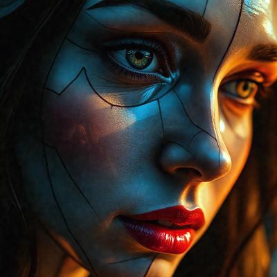 The primary subject of the image is a woman with a painted face, wearing a red lipstick. She is looking at the camera with a focused expression. The setting is a dark room, and the visual style appears to be a digital art or illustration. The colors in the image are predominantly dark, with the red lipstick being the most prominent color. The overall atmosphere of the image is mysterious and intriguing.
